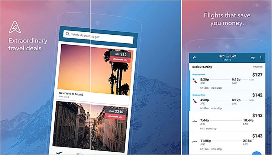 Infographic and UX of different screengrabs from the Skiplagged app.